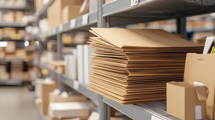 Obraz premium Stacked Brown Cardboard Sheets in a Warehouse with Organized Shelves of Packaging Materials and Supplies for Shipping and Logistics Operations