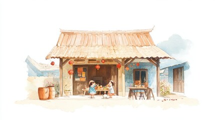 Obraz premium Charming illustration of a traditional village house with children enjoying playtime.