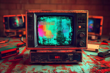 3D Retro TV Glitch Art Illustration - Vintage Television, VHS, 80s