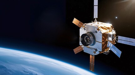 A satellite is shown in orbit around Earth, with its solar panels fully deployed. The planet's curvature and atmosphere create a stunning contrast with the vastness of space