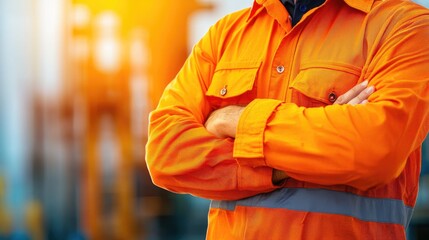 Worker in orange safety uniform with crossed arms, blurred background.