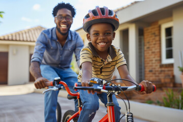 Obraz premium Loving father teaching his son to ride a bicycle in the outdoor 