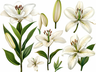 Fototapeta premium Illustration Realistic White Lily Flower and Buds