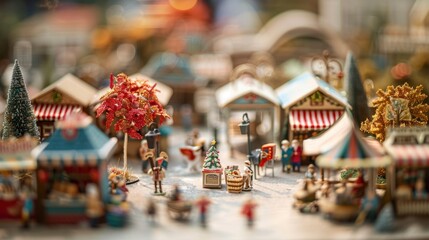 Naklejka premium A miniature Christmas market with tiny figurines and stalls, isolated on white