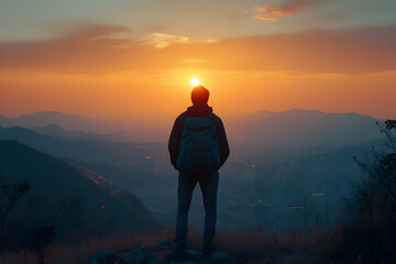 Obraz premium Illustration of Man on Mountain Top at Sunset