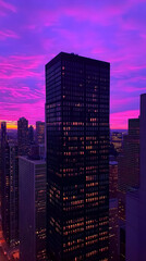 Obraz premium Photo-Purple Sunset Cityscape with Illuminated Skyscrapers