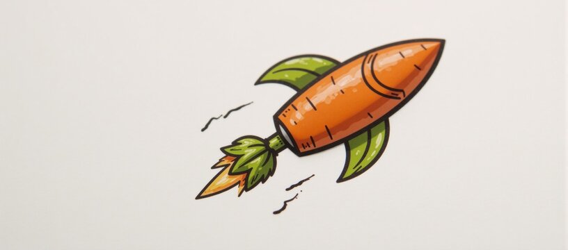 Doodle illustration Cartoon-style carrot rocket with finned leaves taking flight