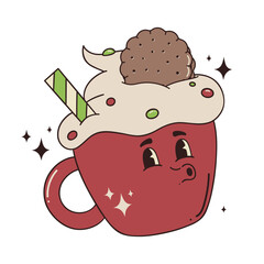 Vector hand drawn Christmas mascot happy red cup decorated with a cap of whipped cream, color drops, round cookie and cocktail straw