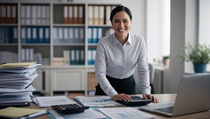 Obraz premium A confident woman stands at her office desk, smiling while using a calculator. Surrounded by stacks of papers and a laptop, she enjoys her busy work environment full of organization and productivity