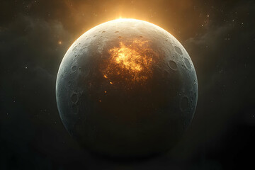 Obraz premium 3D Illustration - Lunar Sunrise, Eruption, Craters, Space, Stars, Planet, Light, Surface, Glow