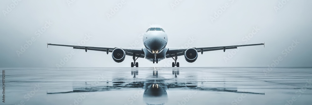 Poster large passenger jet is taxiing on a wet runway after a rain shower, with its reflection visible in t