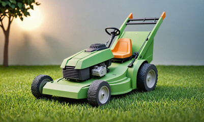 Fototapeta premium A green lawnmower sits on freshly cut grass in the afternoon sun