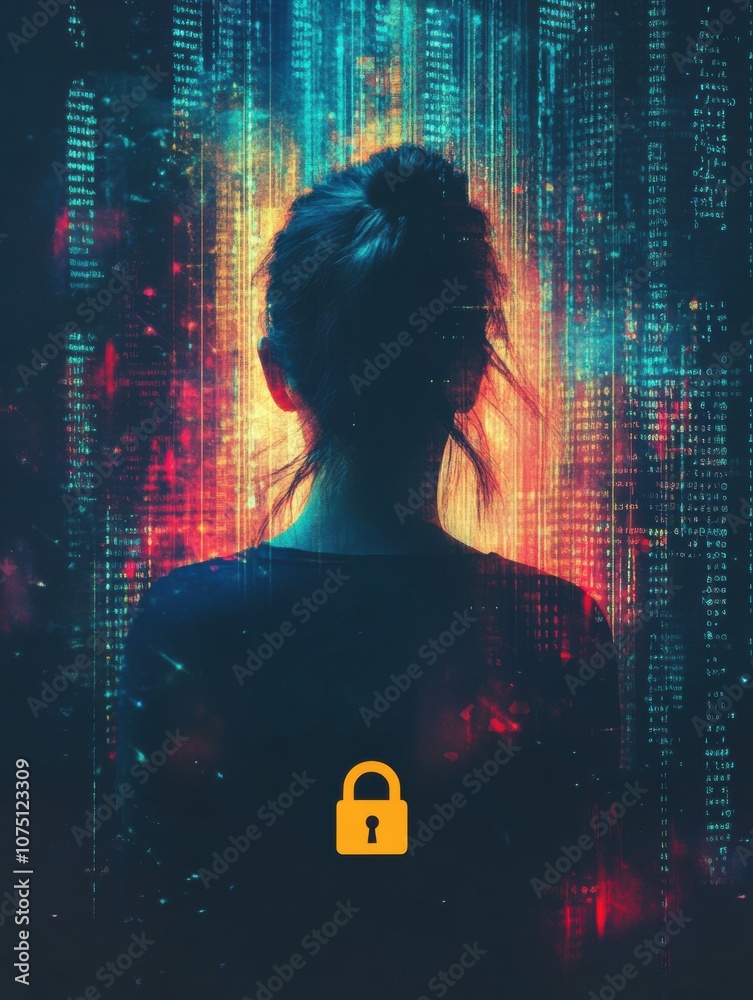Fototapete A person stands silhouetted against a vibrant digital backdrop, emphasizing the importance of privacy in artificial intelligence technology. Generative AI