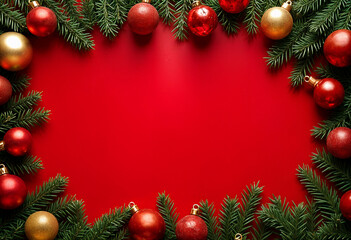 Red background with evergreen branches and ornaments. Perfect for holiday card designs, festive decorations, Christmas themed digital content.