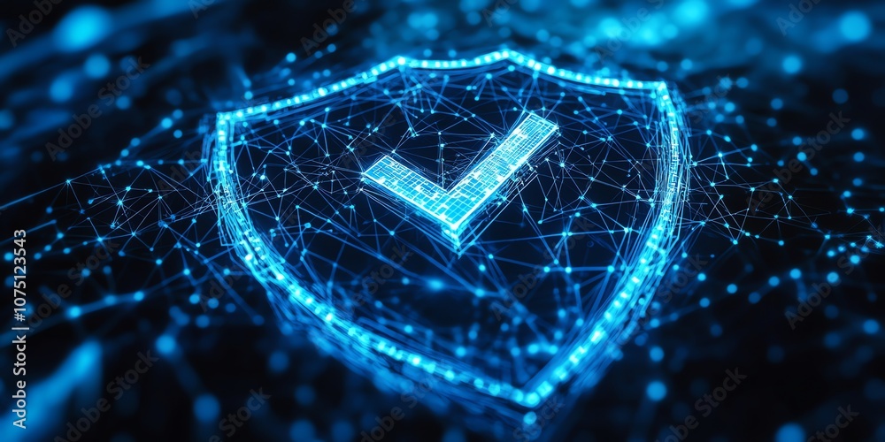 Poster A glowing blue digital shield with a checkmark inside, representing security and protection.