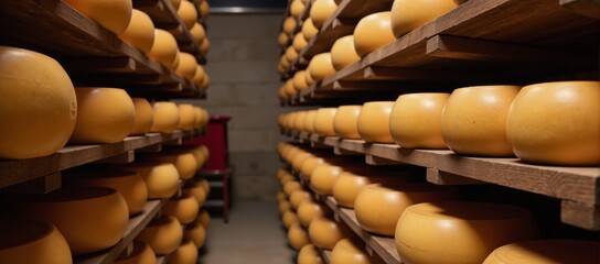 Aged cheese wheels displayed in an artisanal cheese cellar for the food market or recipe books culinary education setting features