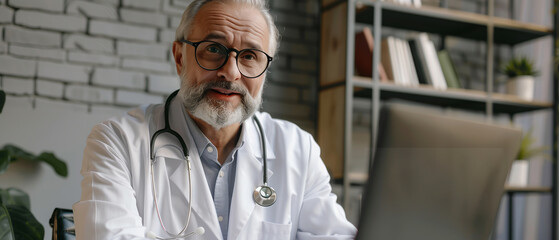 Elderly doctor wearing glasses and a stethoscope, sitting in a cozy office, looking attentive and professional as he consults via a laptop