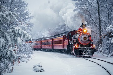 A vintage steam locomotive steam billows in the cold air as it journeys through a tranquil winter forest blanketed in snow. The scene captures the magic of a snowy day