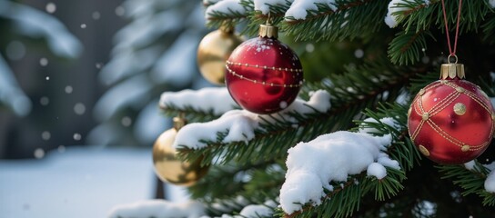 A vibrant snowy Colorado Spruce Christmas Tree decked out for winter festivities