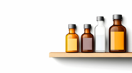 Glass bottles with labels on wooden shelf, brown, amber, transparent, clear, mockup