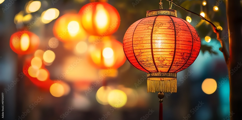 Poster A glowing red lantern hangs from a tree branch with other lanterns in the background, creating a festive and celebratory atmosphere.