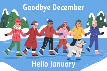 Fototapeta premium Friends ice skating saying goodbye to December hello January.