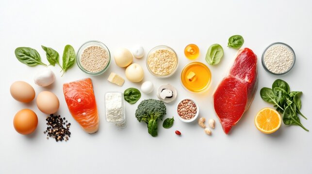 Assorted healthy foods including fish, eggs, nuts, seeds, dairy, and leafy greens laid out in a rainbow formation on a white background.