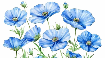 Fototapeta premium Watercolor Blue Flowers Bouquet, floral, blossom, bloom, petals, green