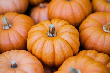 A close-up view of an impressive collection of orange pumpkins in a farmer's market, highlighting their rich colors and unique textures. The pumpkins are arranged with care