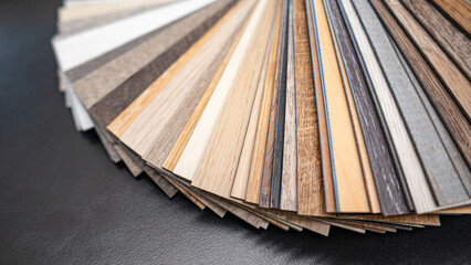 Sample of wood laminated materials in natural collection. Set of wooden veneer texture or MDF board swatch fan for interior finishing or furniture design