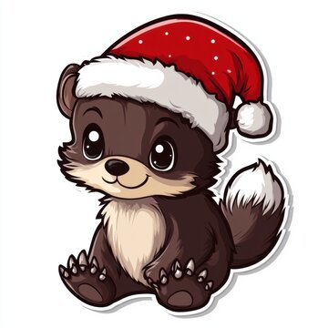 recommend clip art: Holiday Wolverine with Santa Hat Digital Art: Cute Christmas Sticker Clipart