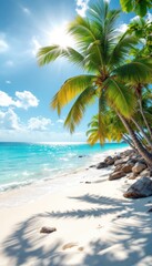 Palm trees casting shadows over sunny tropical beach by the ocean