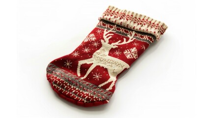 A red Christmas stocking with a reindeer design, isolated on white background