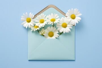 Obraz premium A delightful arrangement showcasing spring chamomile flowers within a cheerful blue envelope, positioned on a gentle pastel blue background. 
