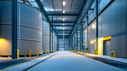 Industrial Factory Interior with Storage Tanks, steel, metal, blue, grey, pipes