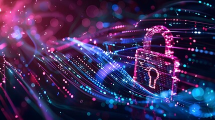 Obraz premium A key is shown on a blue background with a purple border. The key is surrounded by a lot of dots, giving the impression of a swirling, chaotic pattern. Concept of mystery and intrigue