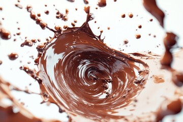 A detailed 3D render of a chocolate splash in a spiral motion, featuring droplets scattering in different directions, showcasing the fluidity of the chocolate.