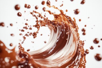 Fototapeta premium A detailed 3D render of a chocolate splash in a spiral motion, featuring droplets scattering in different directions, showcasing the fluidity of the chocolate.