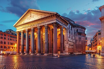 Naklejka premium The Pantheon stands majestically in Rome as dusk approaches, its columns warmly lit against the evening sky. Visitors admire the ancient architecture and captivating surroundings