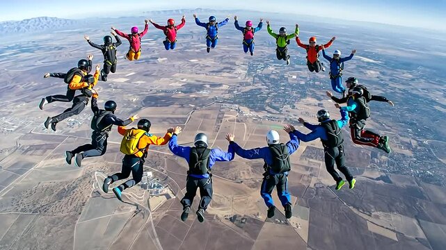 Skydivers Forming a Circle in Colorful Jumpsuits