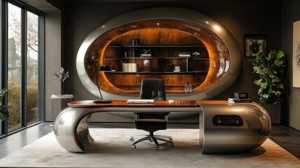 Fototapeta premium Modern office interior with sleek furniture and ambient lighting.