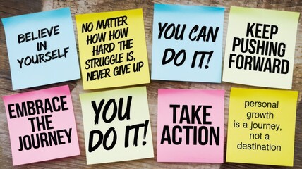 Inspiring sticky notes with motivational quotes to encourage positivity and personal growth in everyday life.