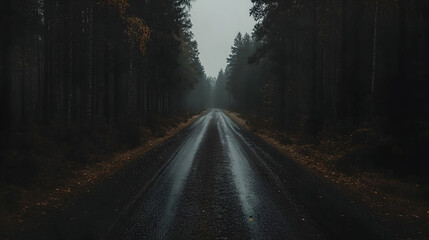 Obraz premium Wet Road in a Dark Forest, Trees, Path, Driveway, Fog, Mist