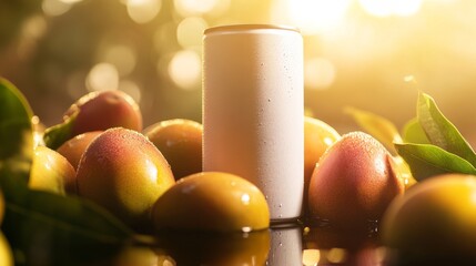 White Can Surrounded by Fresh Fruits and Water Droplets, Highlighted by Sunlight for Product Photography Mockup