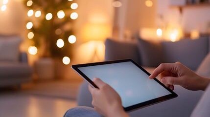Woman Using Tablet Device While Relaxing in Cozy Living Room Surrounded by Warm Lights and Decorative Christmas Tree During Holiday Season