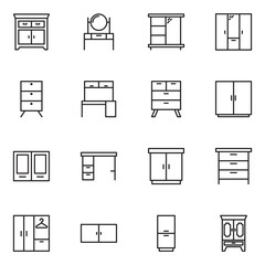 Furniture flat line icons set. Kitchen, bedroom, sofa table, bookcase closet, chair, mattress, lamps, ladder vector illustrations. Outline signs of house interior