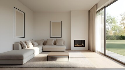 Cozy and Serene Minimal Living Room with Warm Lighting and Natural Tones