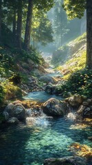 Fototapeta premium Tranquil Stream in a Lush Forest