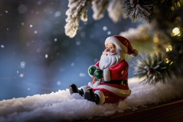 Santa Claus figurine sits on snow with a pine branch behind it