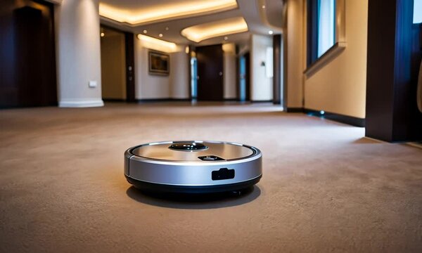 Robot vacuum cleaner cleaning a hotel.